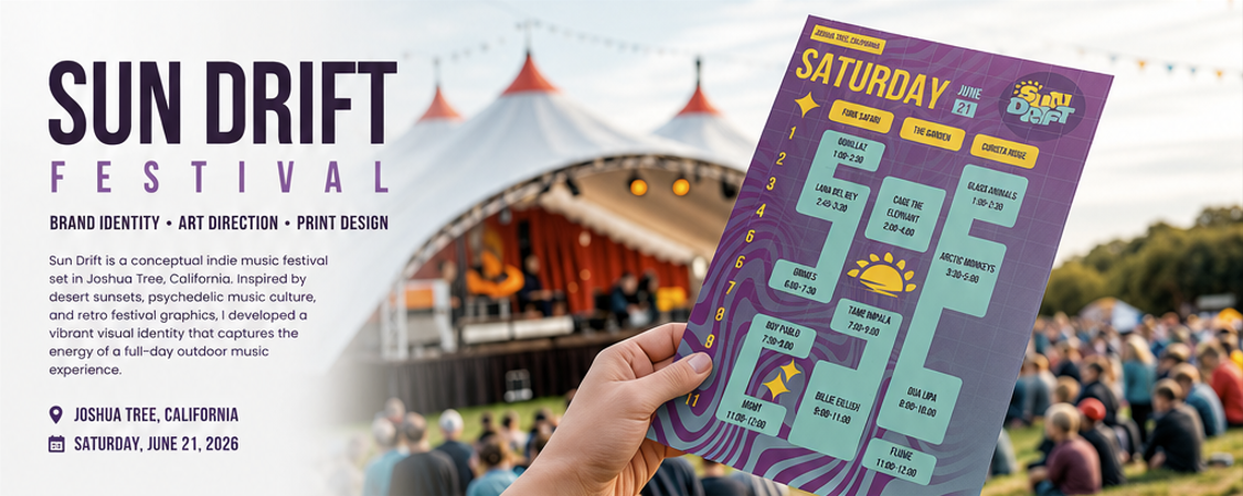 Sun Drift music festival brand identity and schedule design